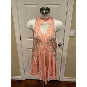 Free People Pink Floral Lace Cutout Mock neck Tank Top, Size XS